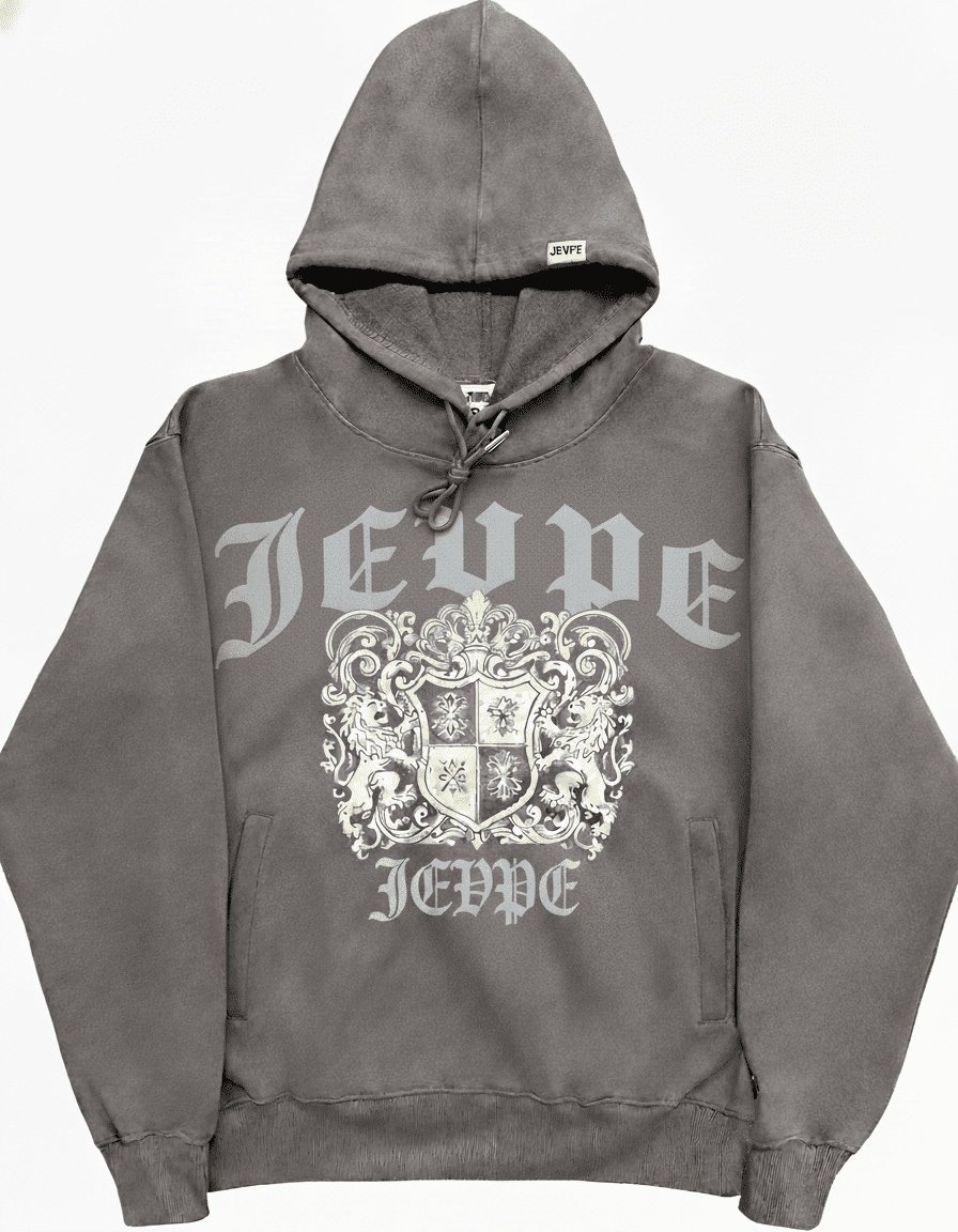 JEVPE vintage charcoal hoodie featuring a large lion crest graphic, streetwear style, made from soft fabric with a comfortable fit.