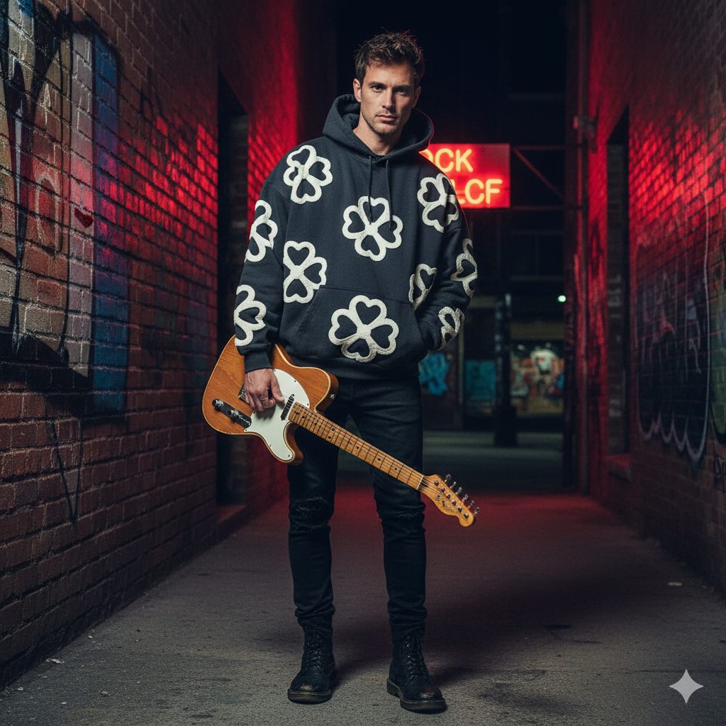 JEVPE unisex oversized hoodie featuring a large 4-leaf clover heart graphic, streetwear style, in a casual pullover design
