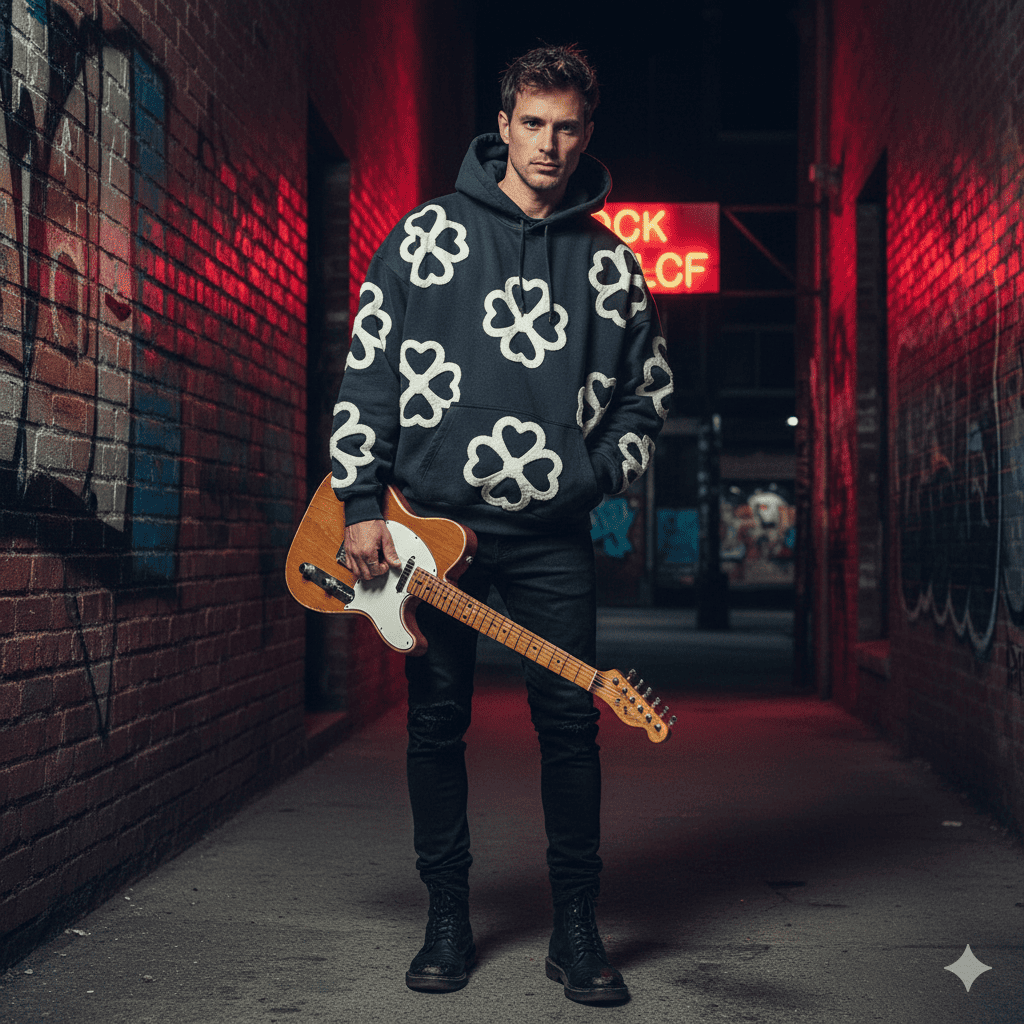 JEVPE unisex oversized hoodie featuring a large 4-leaf clover heart graphic, streetwear style, in a casual pullover design