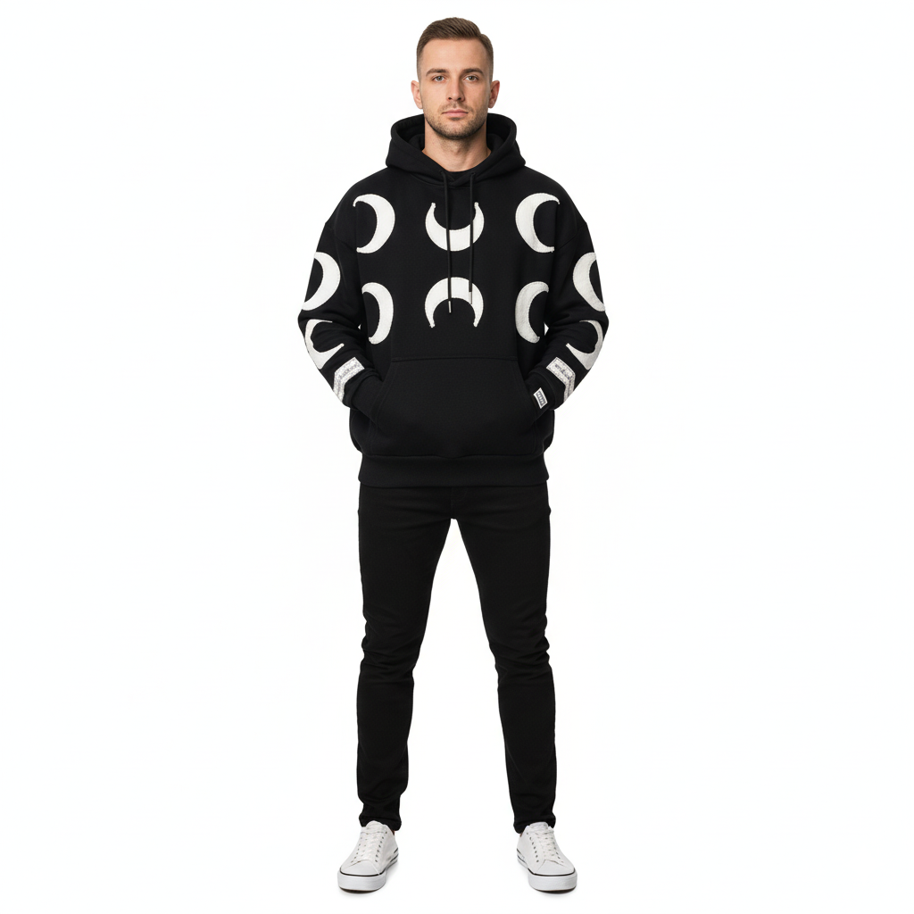 JEVPE men's oversized black hoodie with vintage distressed finish and crescent moon graphic, streetwear style, casual fit