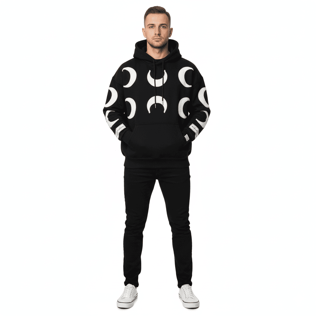 JEVPE men's oversized black hoodie with vintage distressed finish and crescent moon graphic, streetwear style, casual fit