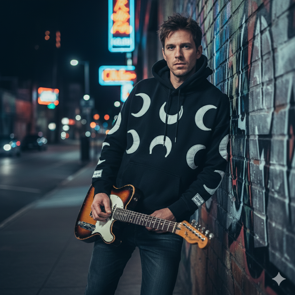 JEVPE men's oversized black hoodie featuring a vintage distressed crescent moon graphic, streetwear style with relaxed fit.