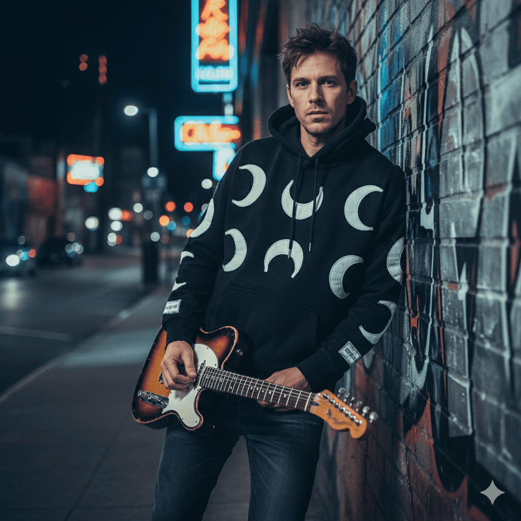 JEVPE men's oversized black hoodie featuring a vintage distressed crescent moon graphic, streetwear style with relaxed fit.