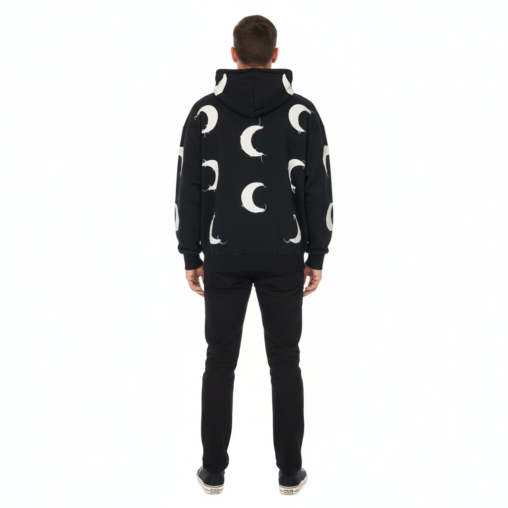 Black oversized JEVPE men's hoodie featuring a vintage distressed crescent moon graphic, streetwear style with relaxed fit.