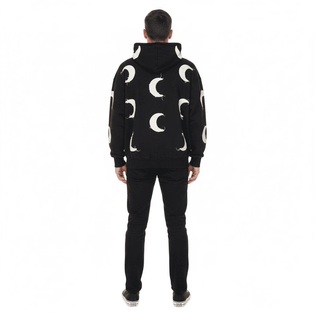 Black oversized JEVPE men's hoodie featuring a vintage distressed crescent moon graphic, streetwear style with relaxed fit.