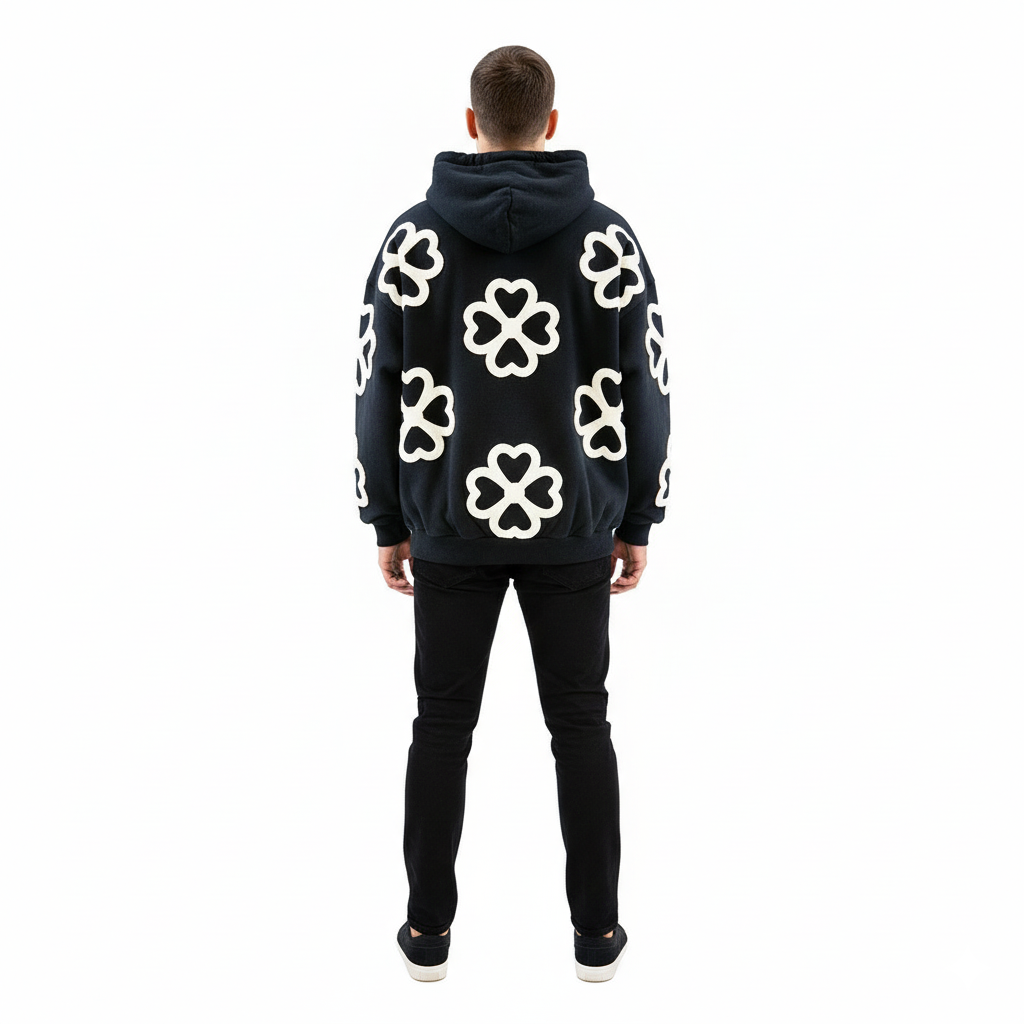 Unisex oversized hoodie by JEVPE featuring a large 4-leaf clover and heart streetwear design on the front.