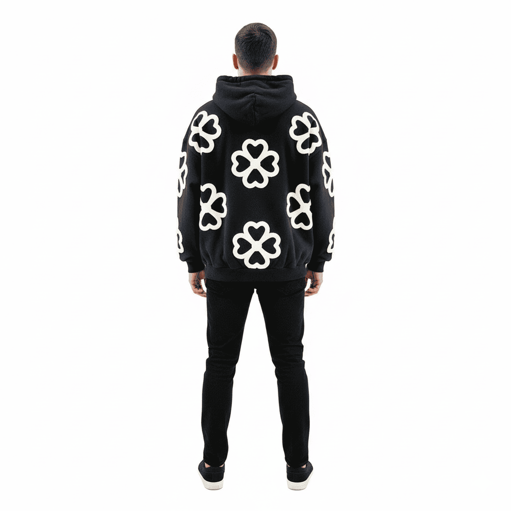 Unisex oversized hoodie by JEVPE featuring a large 4-leaf clover and heart streetwear design on the front.