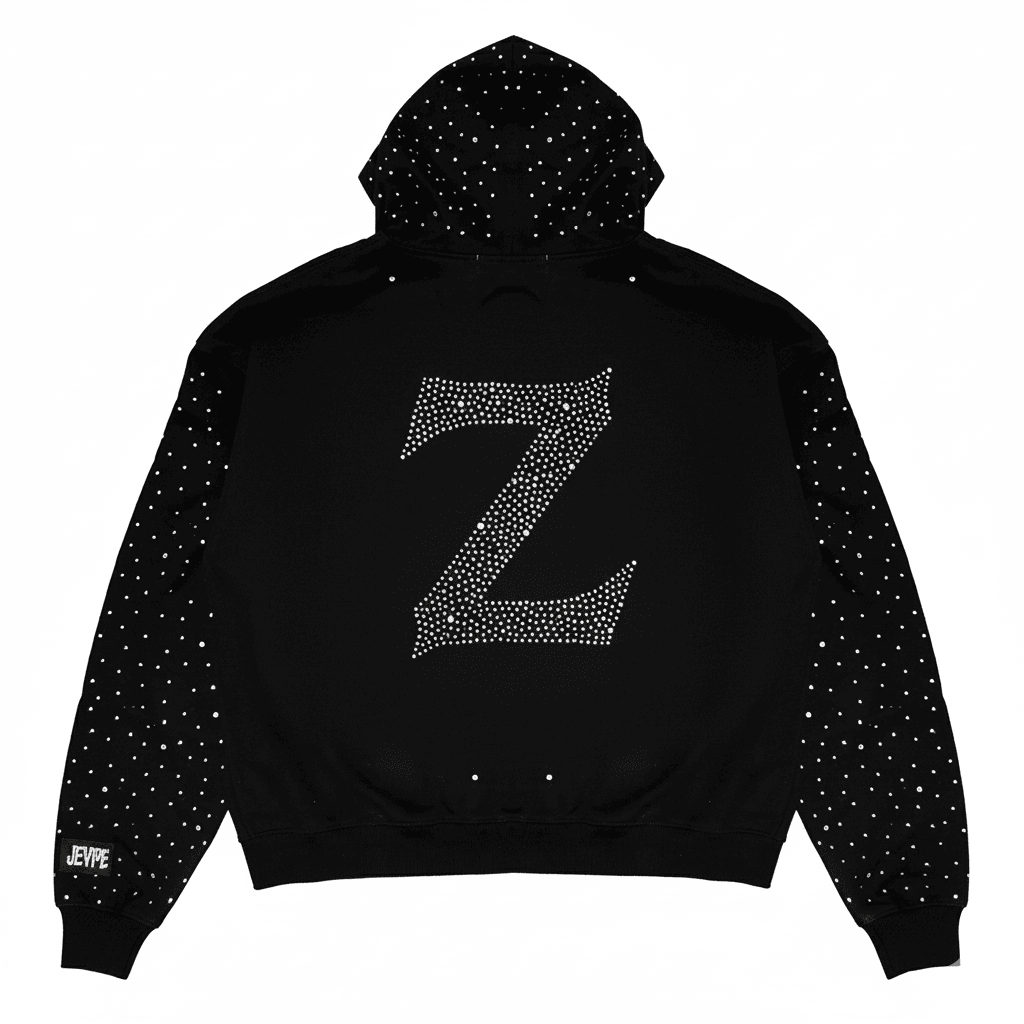 Black oversized JEVPE streetwear hoodie with sparkling rhinestones, full-zip front and casual fit, perfect for trendy street style.