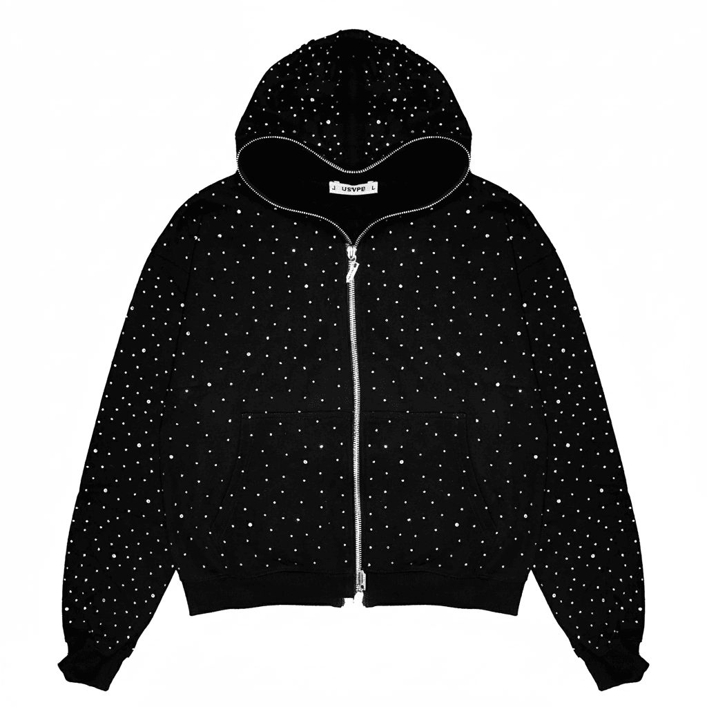 Black oversized streetwear hoodie by JEVPE with sparkle rhinestones, full-zip front, and casual fit.