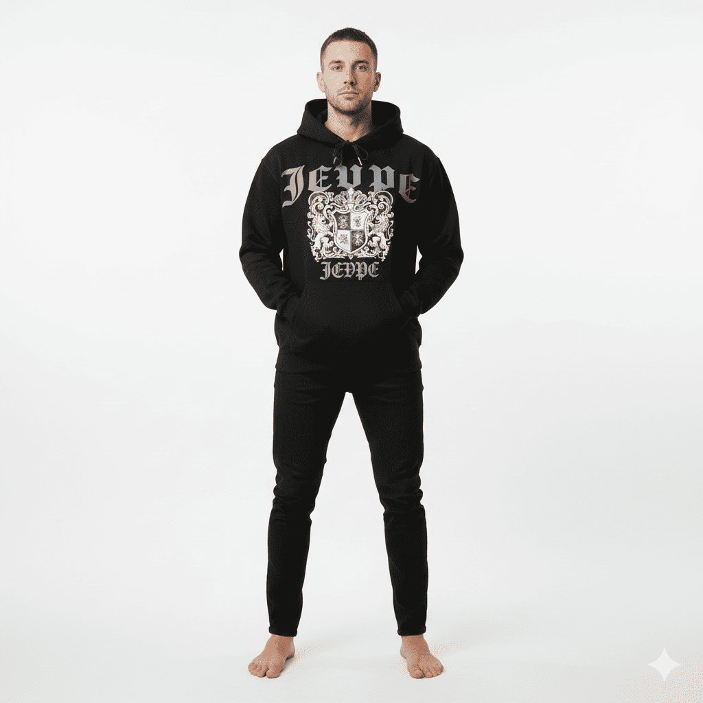 JEVPE men's oversized black gothic crest hoodie with vintage streetwear style, featuring a large crest graphic on the front.