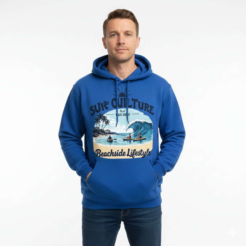 JEVPE men's vintage wave riding beach graphic streetwear pullover hoodie with bold wave design on front.