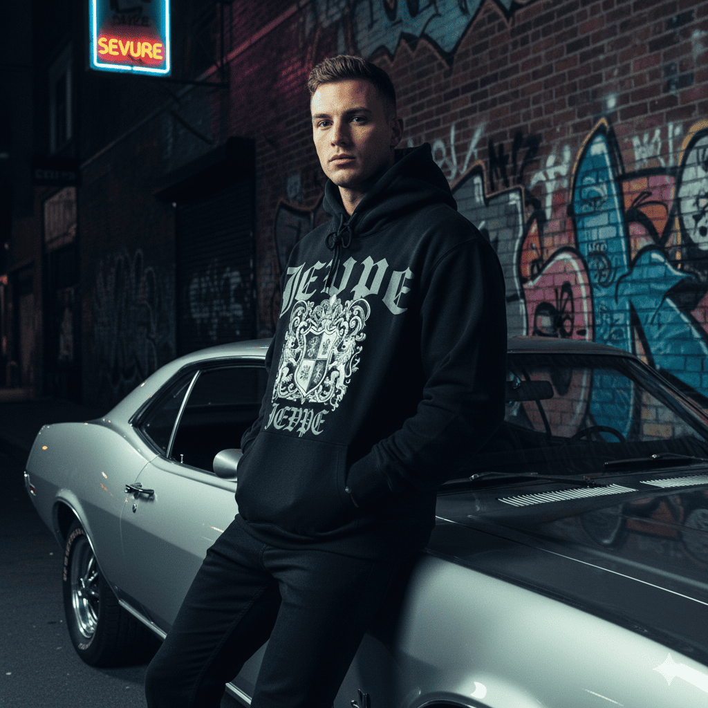 Black gothic crest hoodie for men by JEVPE, oversized vintage streetwear with bold crest design and relaxed fit.