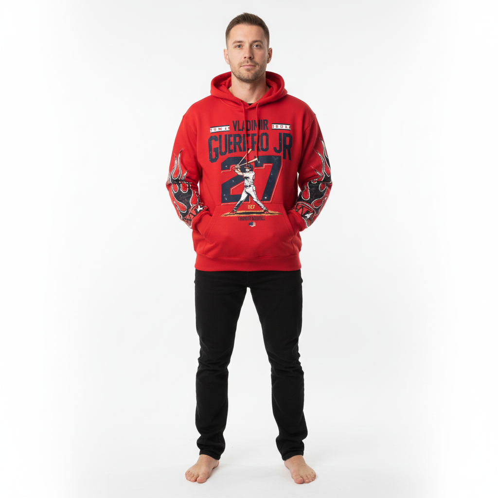 JEVPE men's oversized hoodie featuring Vladimir Guerrero Jr. Toronto baseball graphic in black with bold design and team logo.
