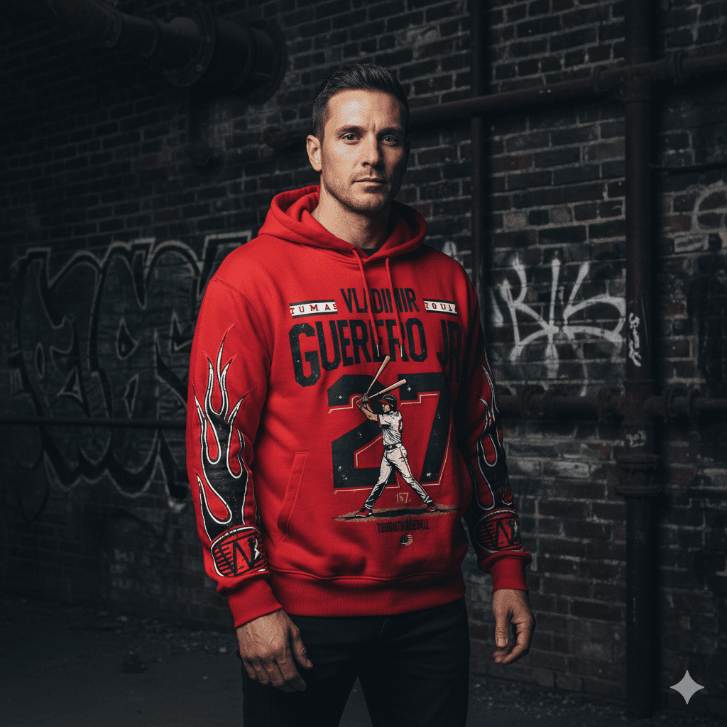 Men's oversized JEVPE hoodie featuring a Vladimir Guerrero Jr. Toronto baseball graphic on the front.