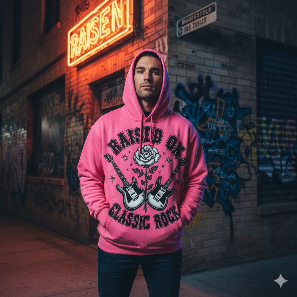 Pink oversized hoodie by JEVPE featuring a guitar rose graphic and "Raised On Classic Rock" text on the front.