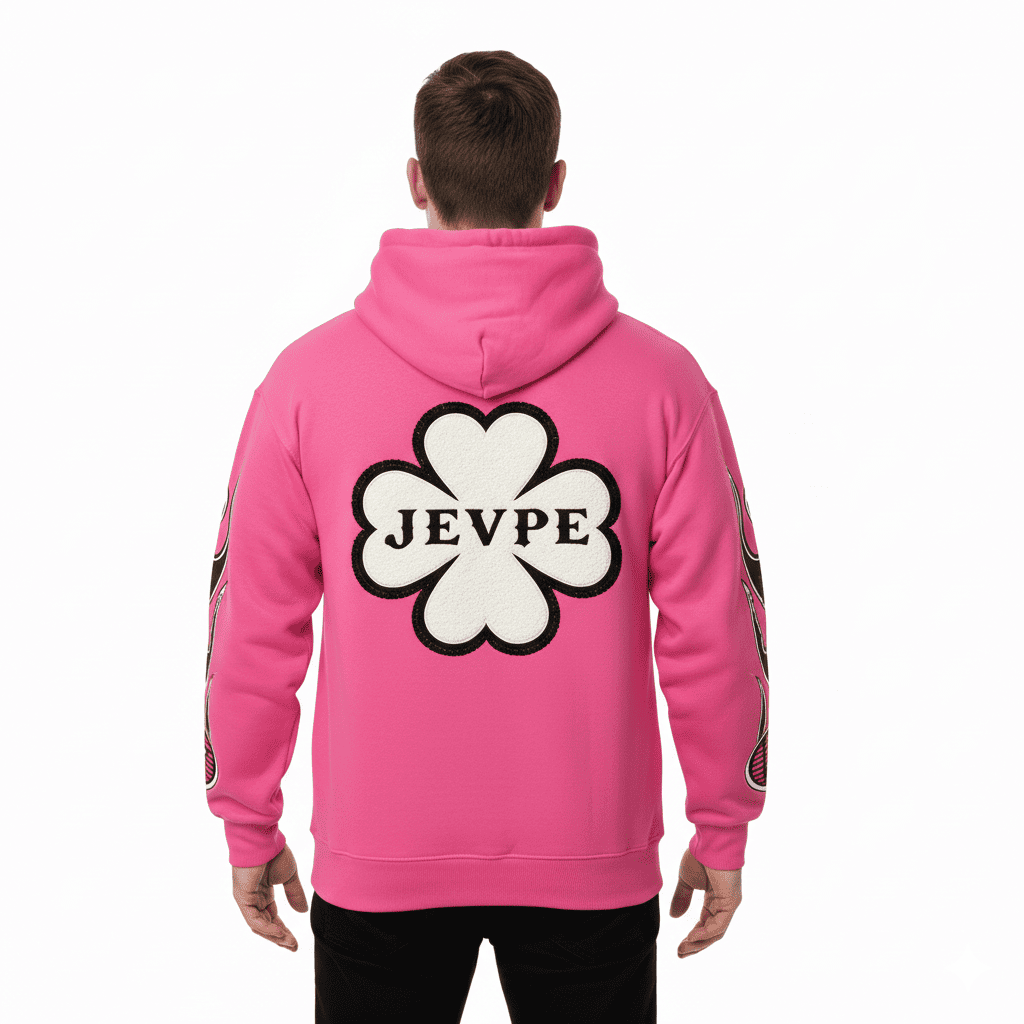 Oversized pink hoodie with a guitar rose graphic and "Raised On Classic Rock" text by JEVPE, featuring a relaxed fit and bold design.