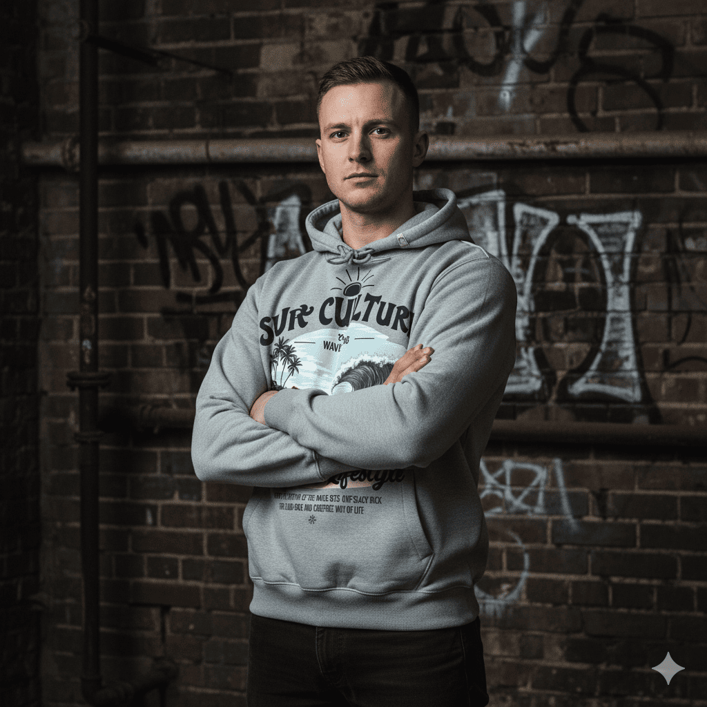 Gray oversized surf culture hoodie for men by JEVPE, featuring a graphic design inspired by beachside lifestyle.