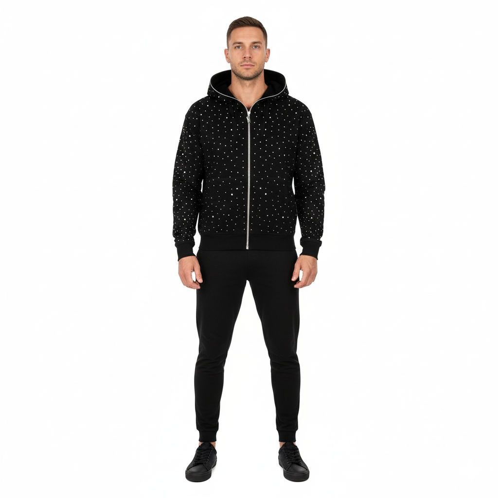 JEVPE oversized black streetwear hoodie with sparkle rhinestone full-zip front and casual fit, stylish and trendy for urban fashion.