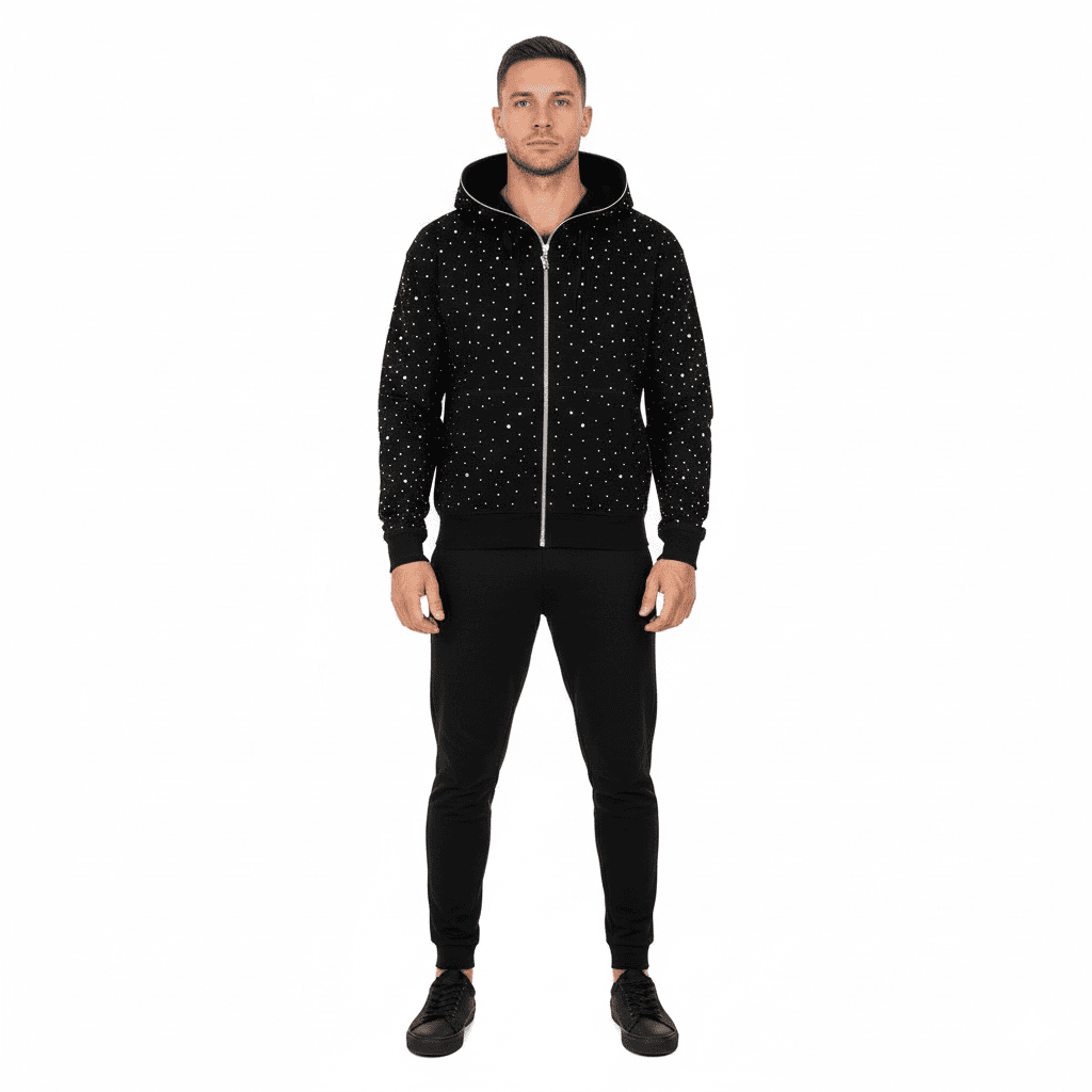 JEVPE oversized black streetwear hoodie with sparkle rhinestone full-zip front and casual fit, stylish and trendy for urban fashion.