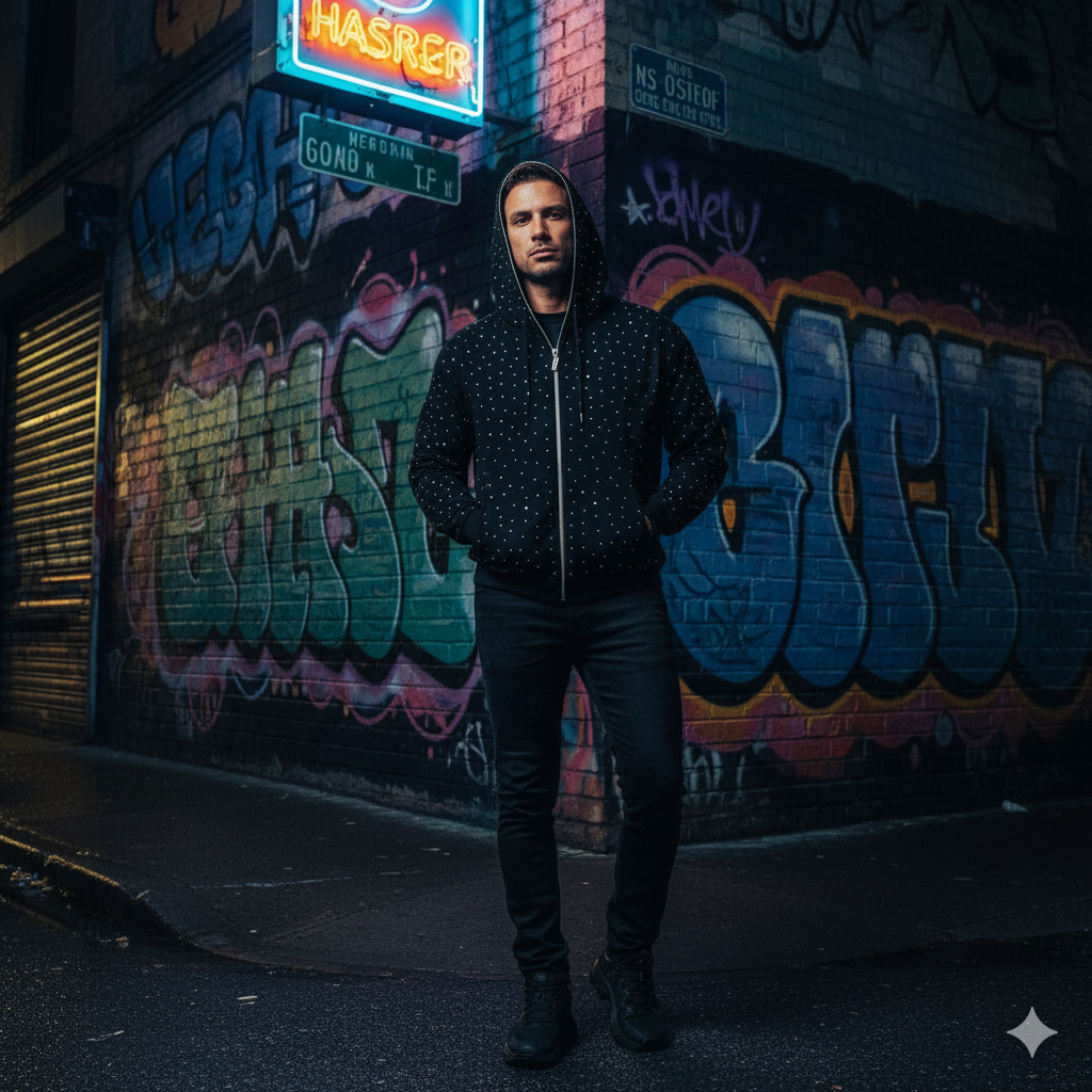 Oversized black streetwear hoodie by JEVPE with sparkle rhinestones, full-zip front, and relaxed fit.