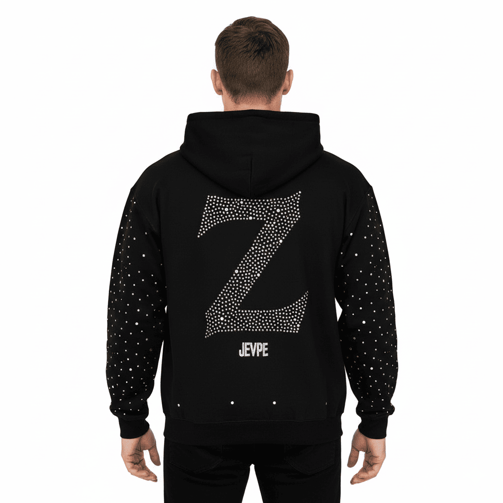 Black oversized JEVPE streetwear hoodie with sparkle rhinestones, full-zip front, casual and stylish for urban fashion.