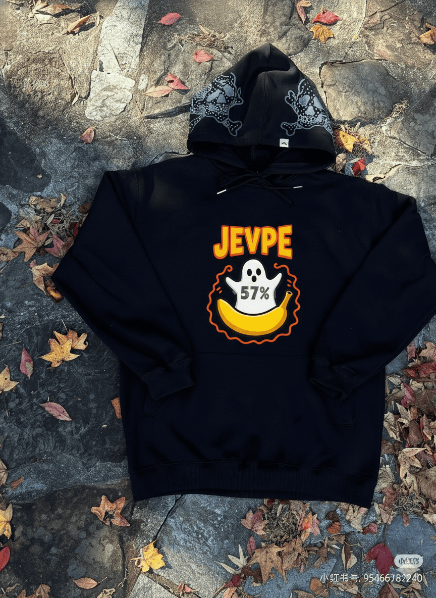 Black oversized Halloween hoodie by JEVPE featuring a ghost and banana graphic design on the front.