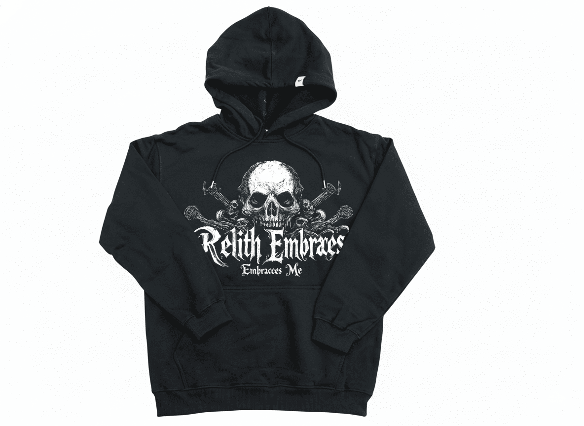 Black oversized hoodie by JEVPE featuring gothic skull and sword graphic design on the front, casual streetwear style.