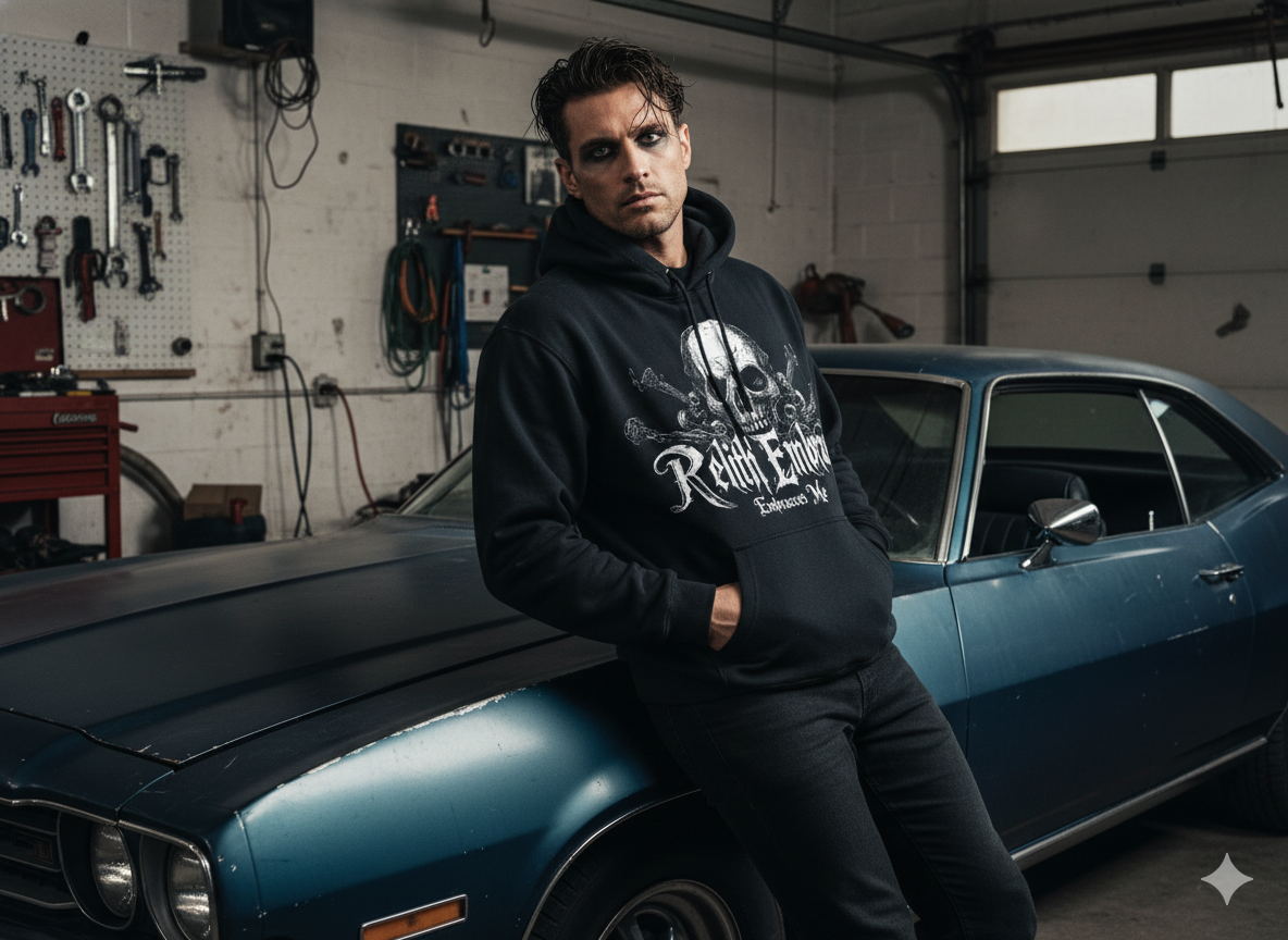 Black oversized hoodie with gothic skull and sword graphic design, featuring bold JEVPE branding on the front.