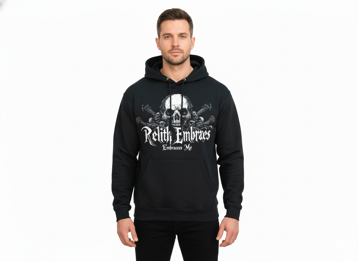 Black oversized hoodie by JEVPE featuring gothic skull and sword graphic design on the front.