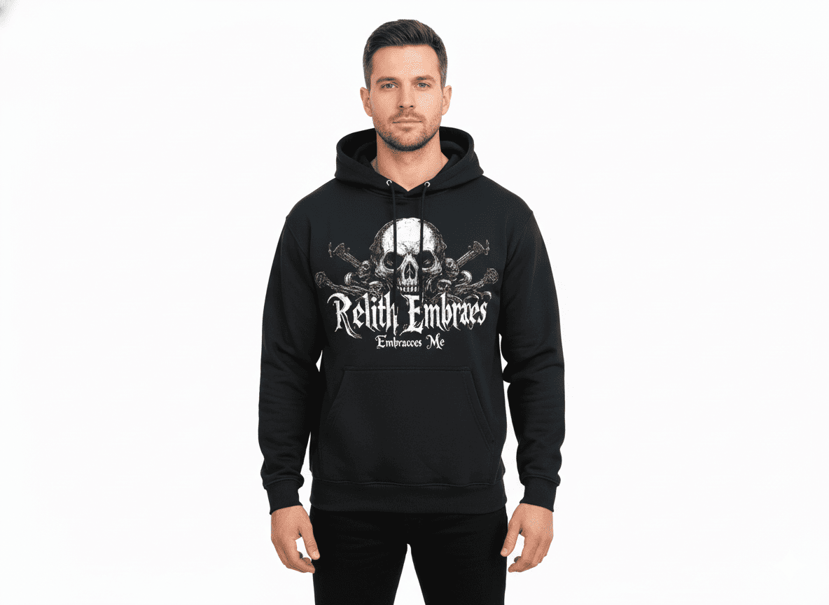 Black oversized hoodie by JEVPE featuring gothic skull and sword graphic design on the front.