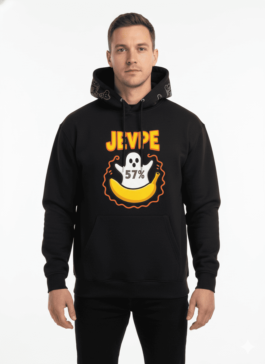 Oversized black hoodie by JEVPE featuring a spooky ghost and banana graphic for Halloween themed fashion.