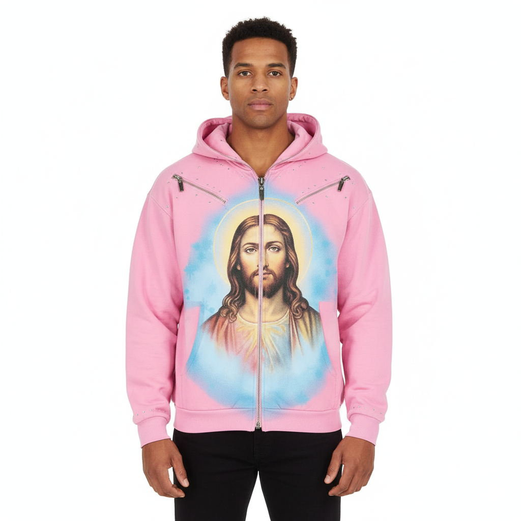 Pink oversized hoodie with gothic Jesus graphic and rhinestones, featuring multiple zippers and a hood, by JEVPE.