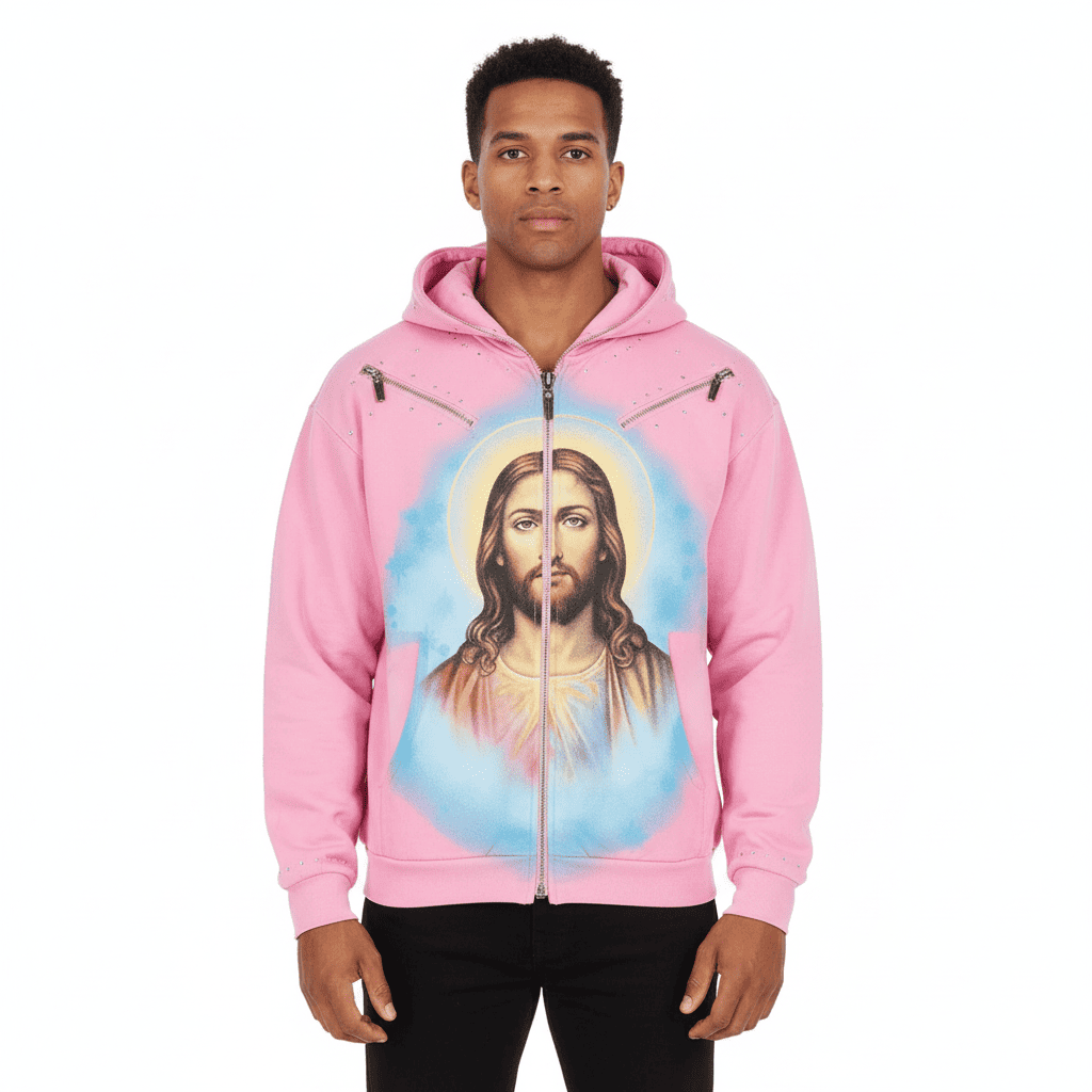 Pink oversized hoodie with gothic Jesus graphic and rhinestones, featuring multiple zippers and a hood, by JEVPE.
