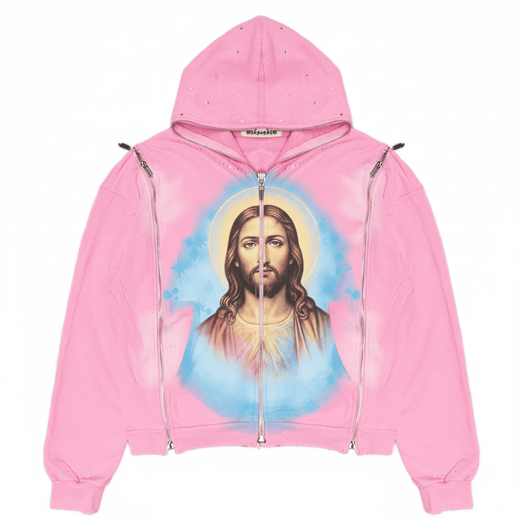 Pink oversized hoodie with gothic Jesus graphic and rhinestone accents, featuring multiple zip pockets and a hood from JEVPE.