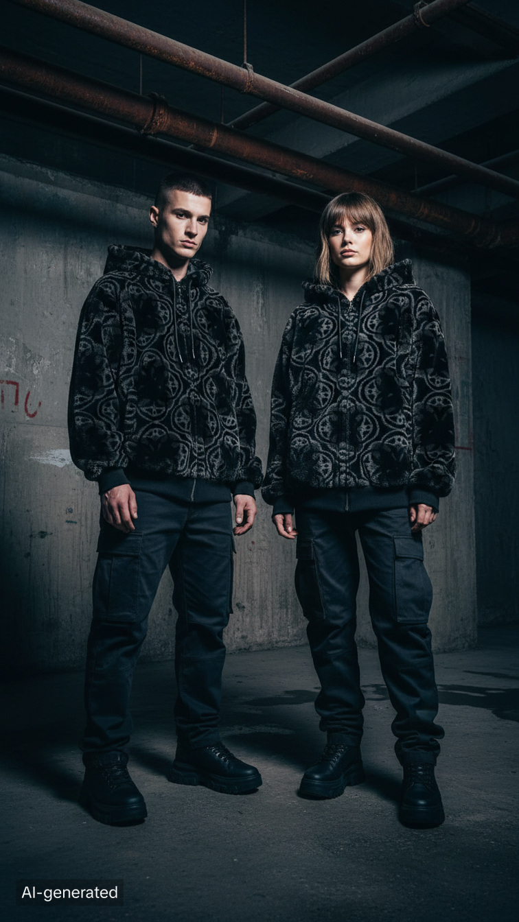 Abstract Circle Print Faux Fur Hooded Jacket | Black Cozy Streetwear Zip-Up Coat