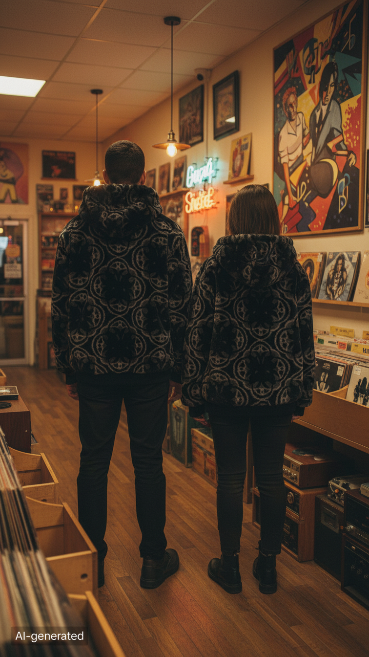 Abstract Circle Print Faux Fur Hooded Jacket | Black Cozy Streetwear Zip-Up Coat