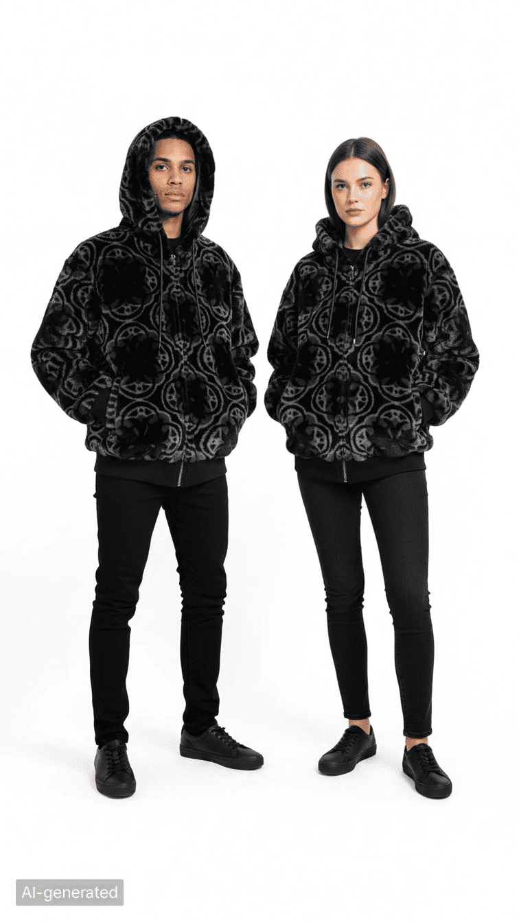 Abstract Circle Print Faux Fur Hooded Jacket by JEVPE
