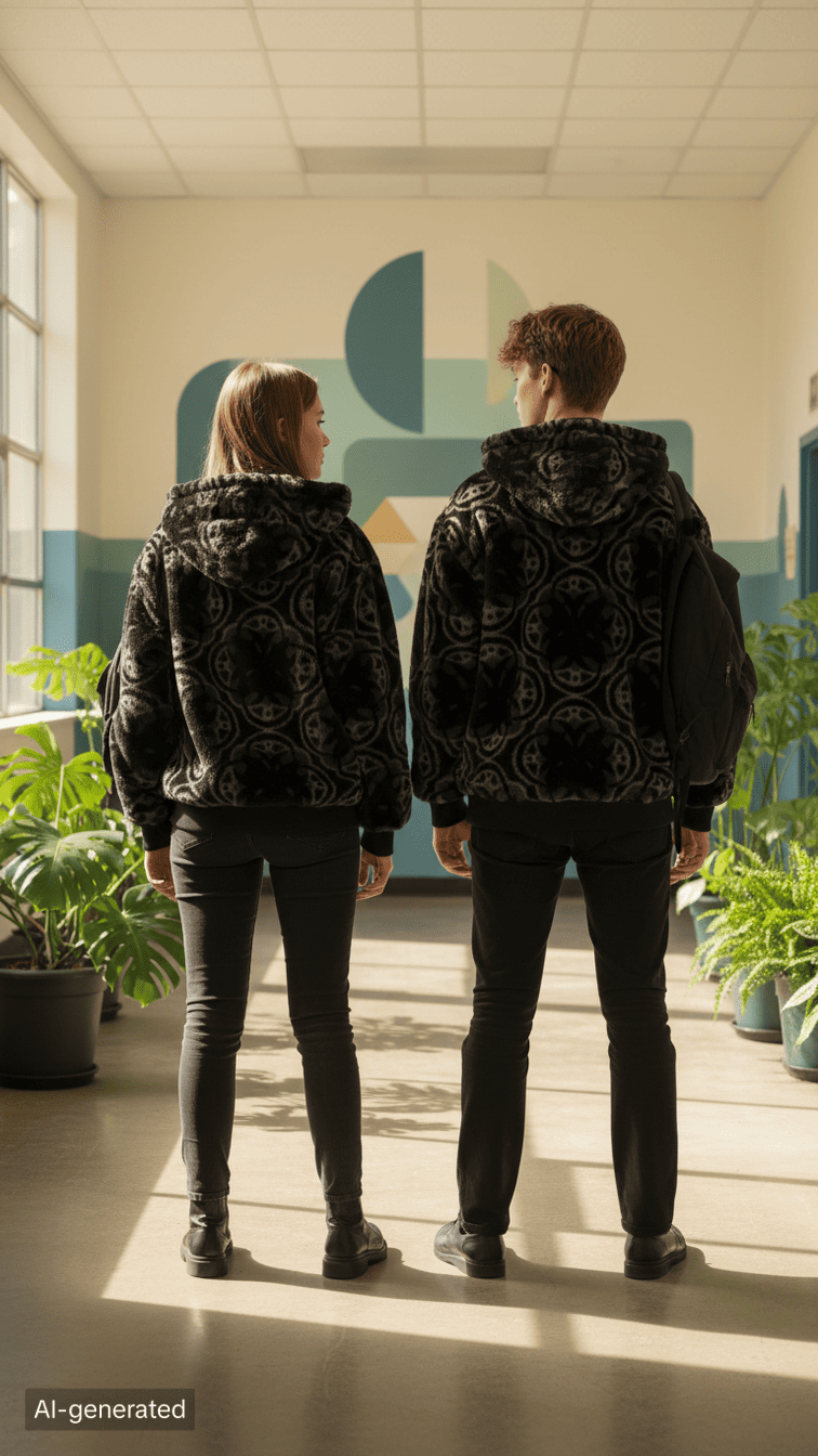 Abstract Circle Print Faux Fur Hooded Jacket by JEVPE