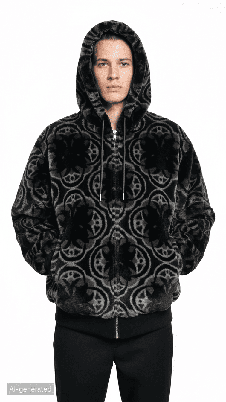 Abstract Circle Print Faux Fur Hooded Jacket by JEVPE