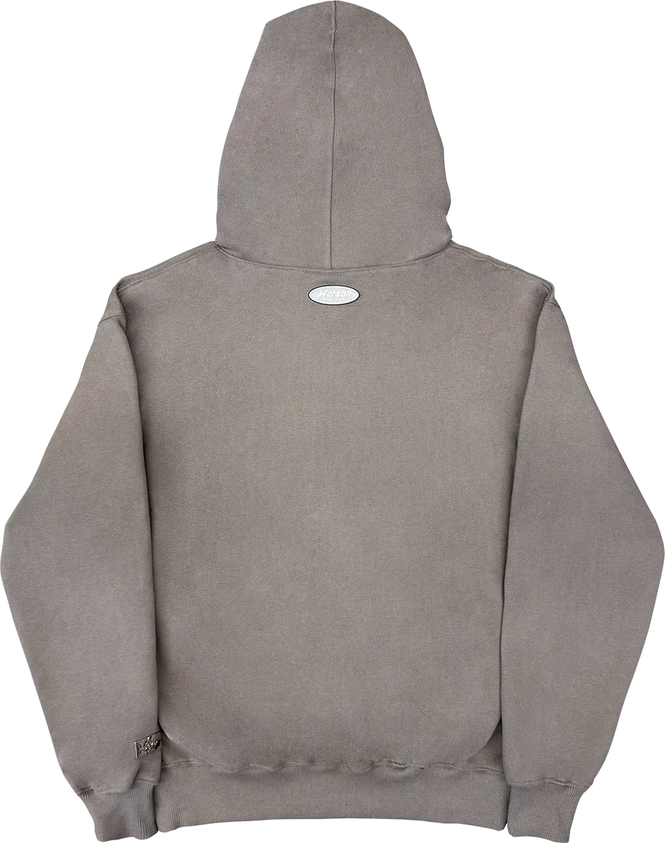 Back view of JEVPE Premium Vintage Charcoal Lion Crest Hoodie, a stylish streetwear essential in gray with lion crest graphic.