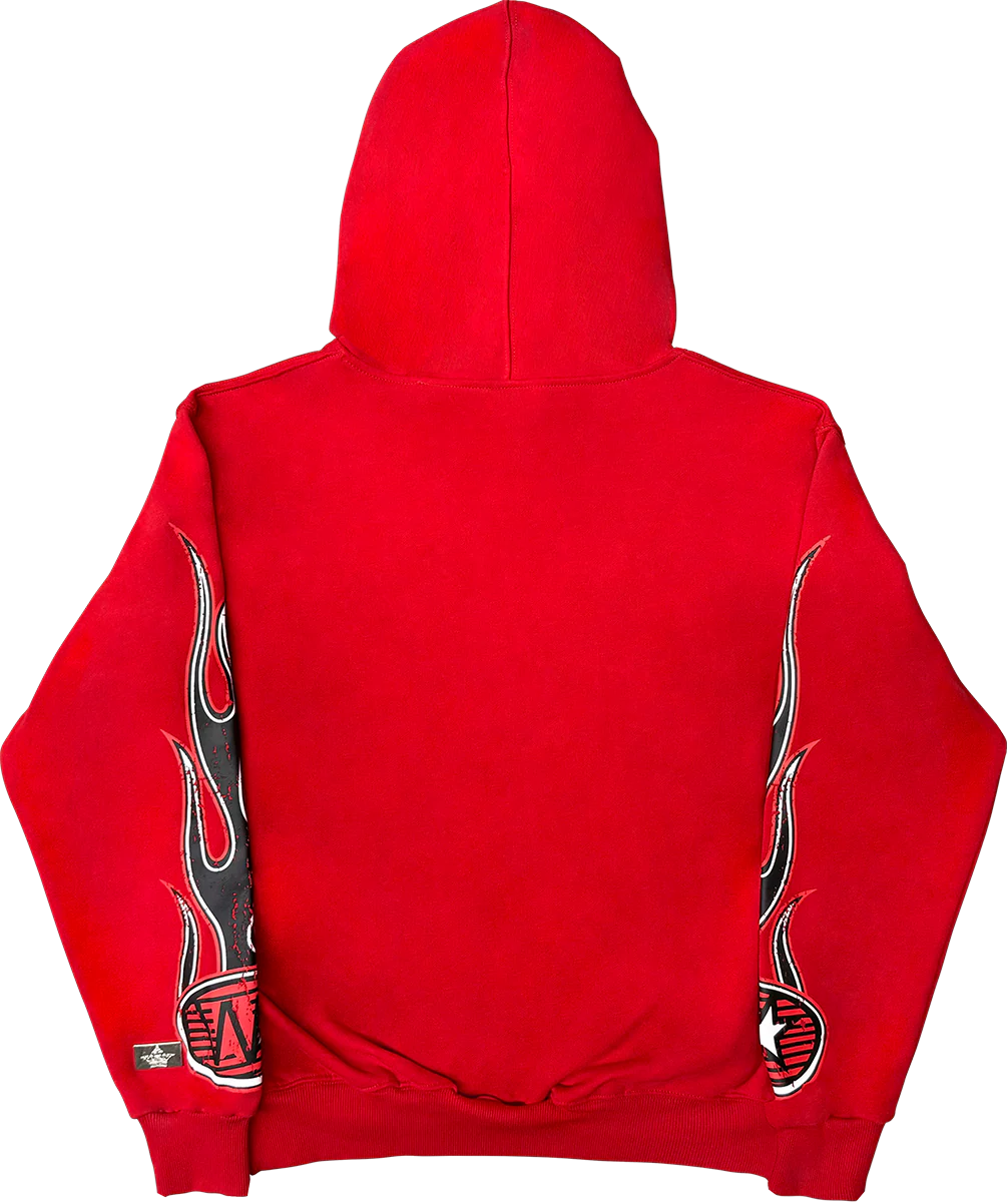 Red JEVPE men's oversized Vladimir Guerrero Jr. Toronto baseball graphic hoodie, back view with team logo and player image.