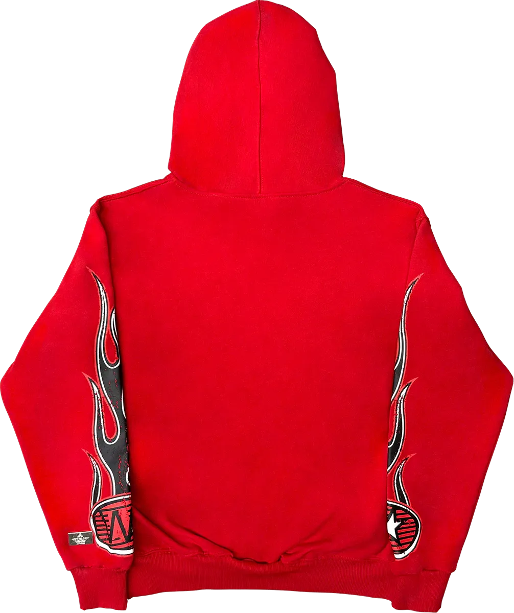 Red JEVPE men's oversized Vladimir Guerrero Jr. Toronto baseball graphic hoodie, back view with team logo and player image.