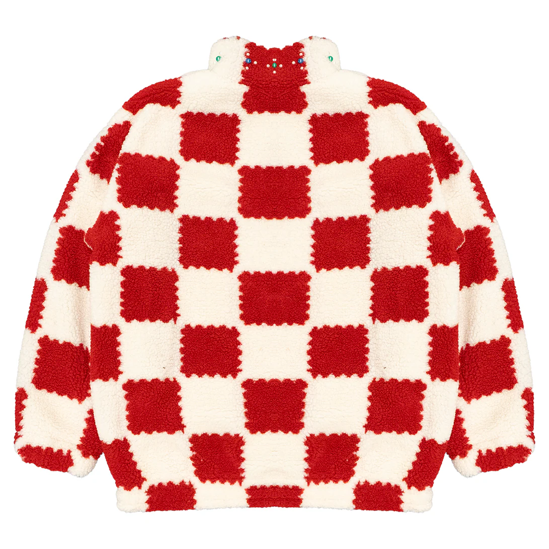 JEVPE Red & White Checkerboard Sherpa Fleece Jacket | Cozy Streetwear Zip-Up Coat
