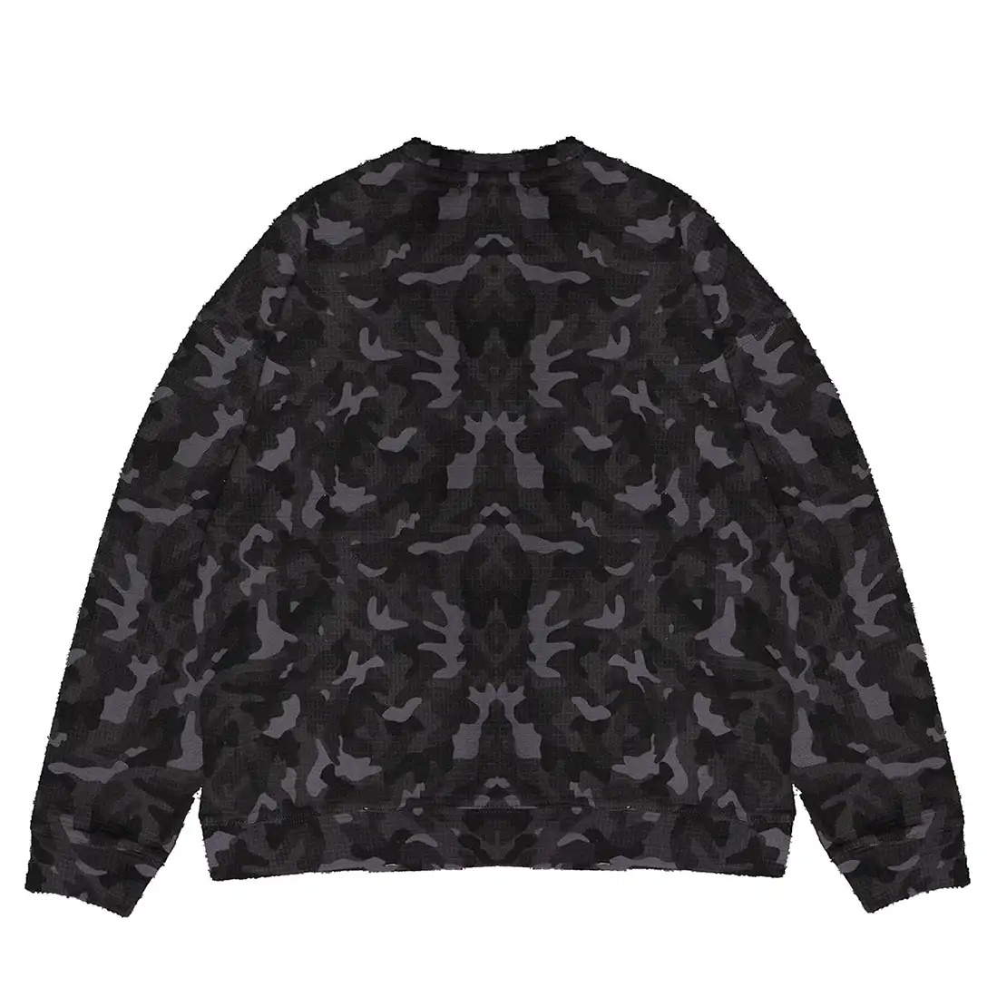 Men's black camo Gothic cross graphic crewneck sweatshirt by JEVPE, featuring ornate design and streetwear style.