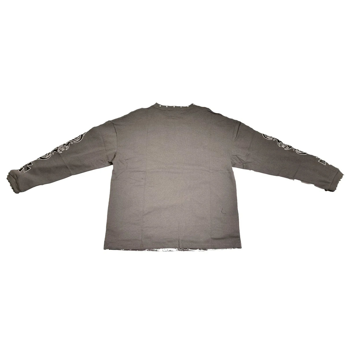 JEVPE men's vintage grey and beige long sleeve tee with rhinestone-studded Jesus graphic, retro religious streetwear top.