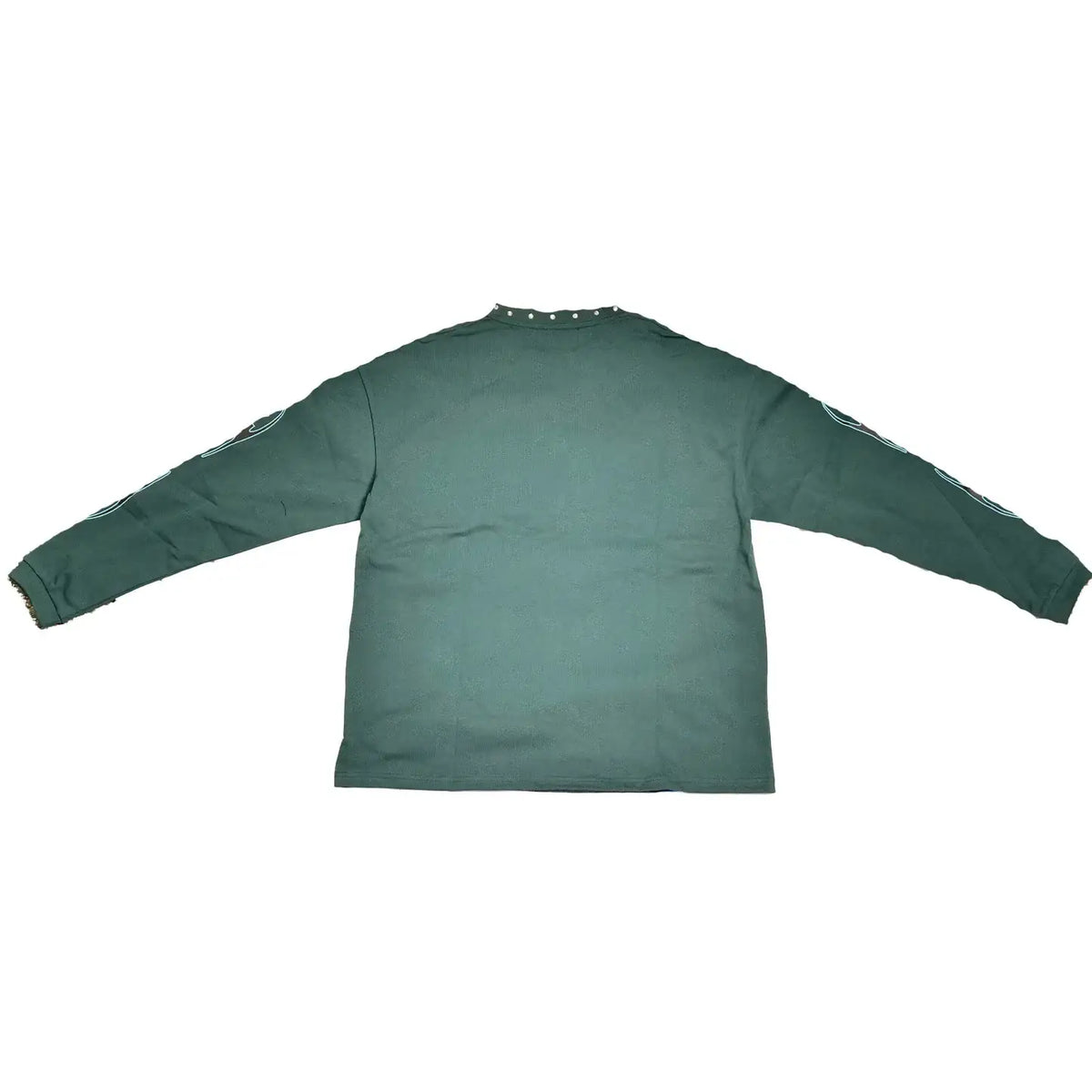 Dark green gothic demon throne graphic long sleeve T-shirt for men by JEVPE, featuring studded accents and edgy streetwear style.