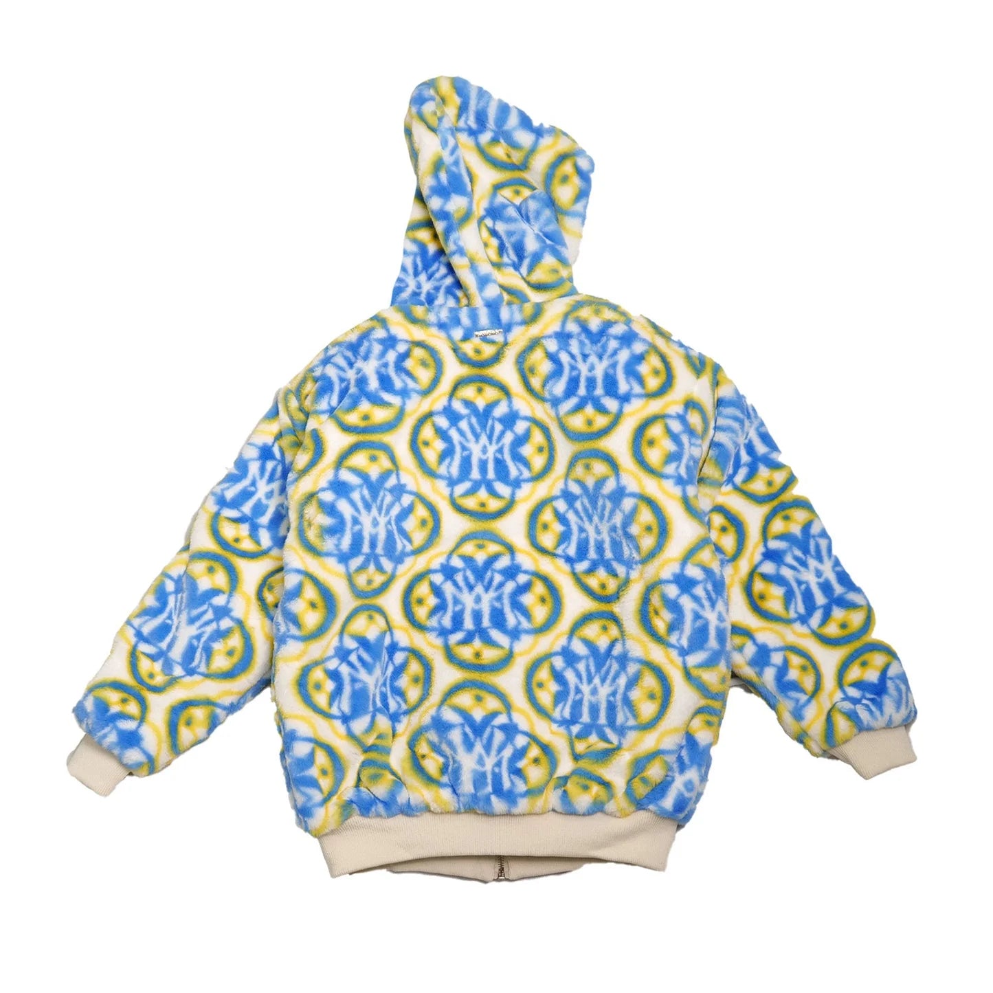Blue & Yellow Monogram Faux Fur Hooded Jacket | Cozy Streetwear Zip-Up Coat
