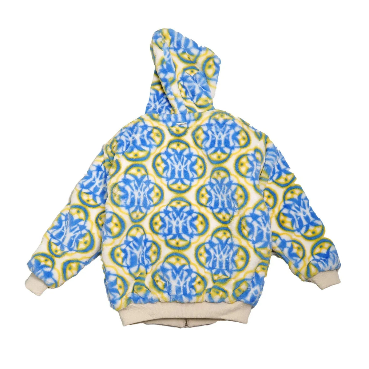 Blue & Yellow Monogram Faux Fur Hooded Jacket by JEVPE