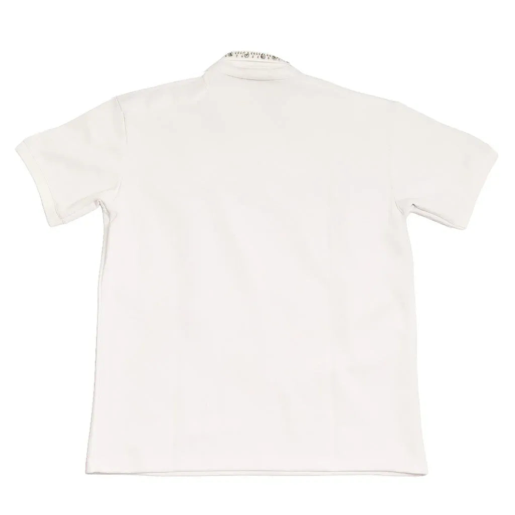 JEVPE men's vintage Watson sport running polo shirt in white with graphic design and studded collar, back view.