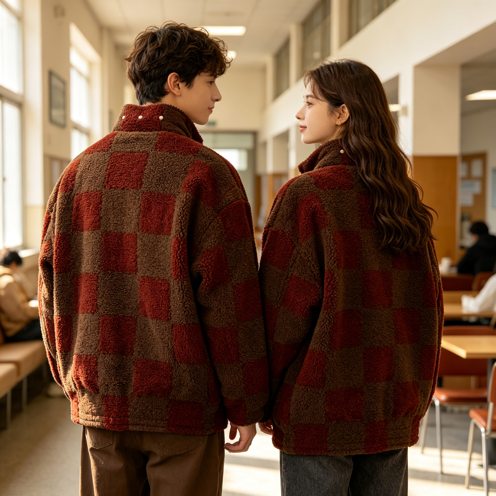 JEVPE Brown & Red Checkered Sherpa Fleece Jacket | Cozy Streetwear Zip-Up Coat